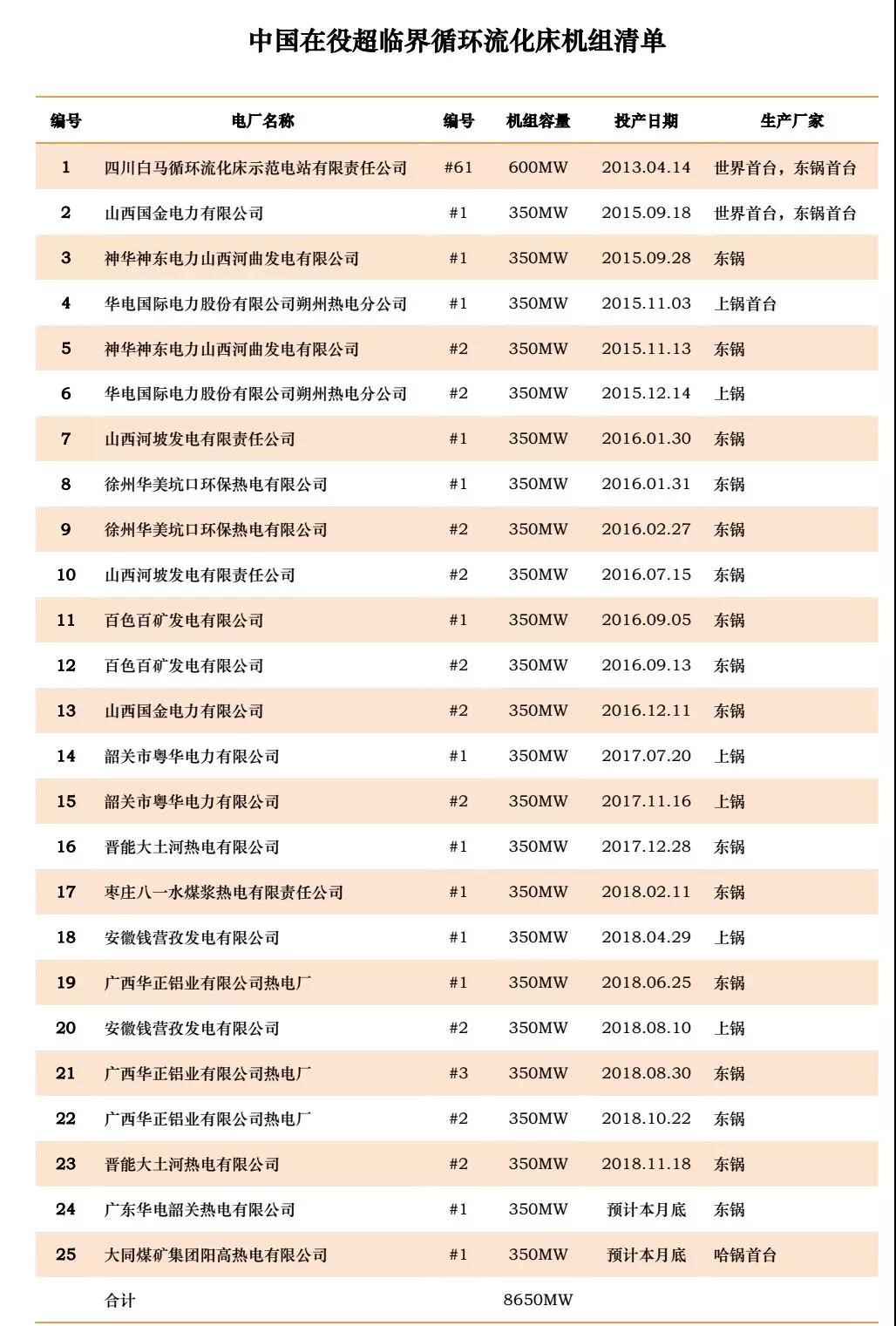 中國在役超臨界循環流化床機組清單