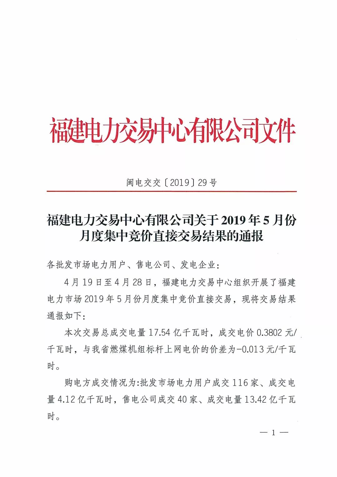 福建2019年5月份月度集中競價直接交易結果:價差-0.013元/千瓦時