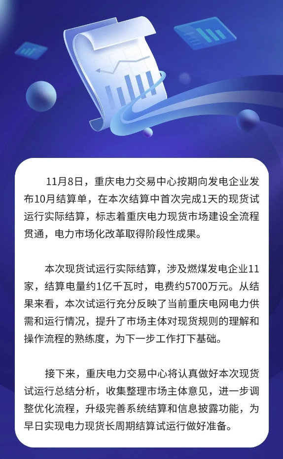 重慶電力現貨市場首次短周期試運行完成發電側實際結算